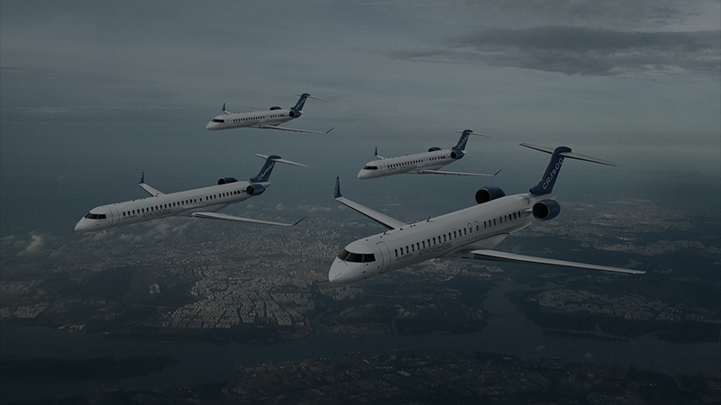 MHIRJ CRJ Series aircraft CRJ550, CRJ700, CRJ900 and CRJ1000 aircraft flying side by side 